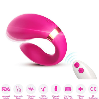 Close-up do vibrador ARMONY Crescente para Casais Fúcsia com Controle Remoto, mostrando o design ergonómico e a cor vibrante.
