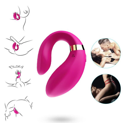Close-up do vibrador ARMONY Crescente para Casais Fúcsia com Controle Remoto, mostrando o design ergonómico e a cor vibrante.
