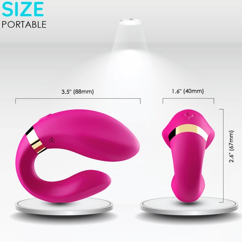 Close-up do vibrador ARMONY Crescente para Casais Fúcsia com Controle Remoto, mostrando o design ergonómico e a cor vibrante.