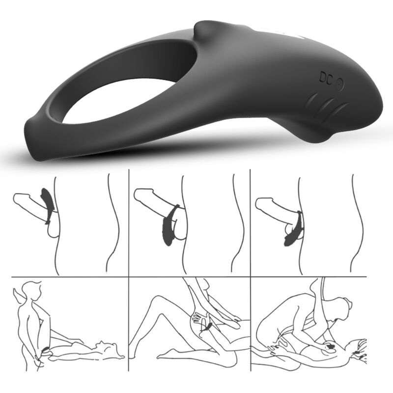 ARMONY Anel Vibrador Shark para Casais com Controle Remoto, detalhe do design ergonómico em silicone preto.