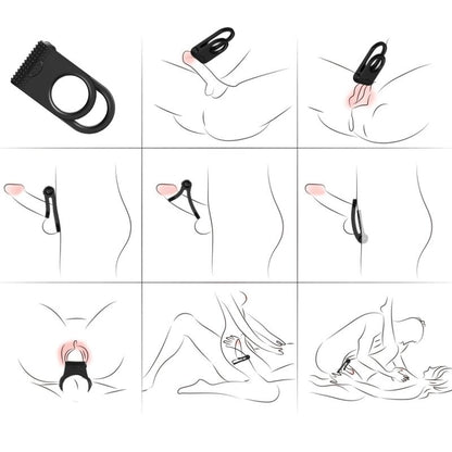 ARMONY Anel Vibrador Duplo Twins para Casais preto, detalhe da textura de silicone e motor vibratório.