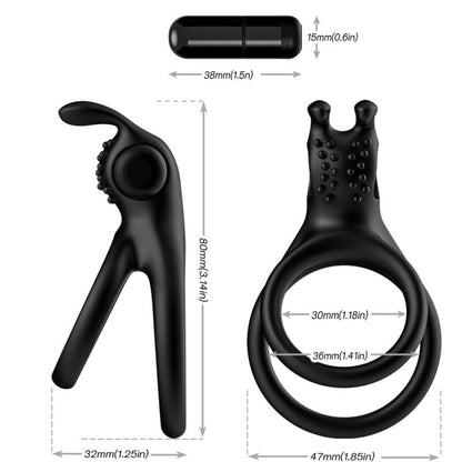 Close-up of the ARMONY Anel Vibrador Duplo para Casais com Estimulação de Coêlho, showcasing its black silicone texture and vibrating features.