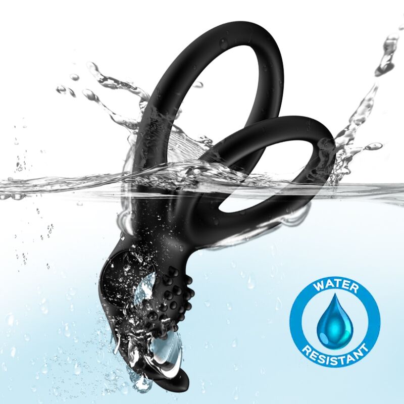 Close-up of the ARMONY Anel Vibrador Duplo para Casais com Estimulação de Coêlho, showcasing its black silicone texture and vibrating features.