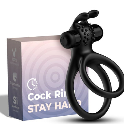 Close-up of the ARMONY Anel Vibrador Duplo para Casais com Estimulação de Coêlho, showcasing its black silicone texture and vibrating features.