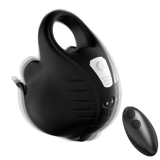 Anel Vibrador Peniano ARMONY com Controlo Remoto em silicone preto, mostrando o design e botões.