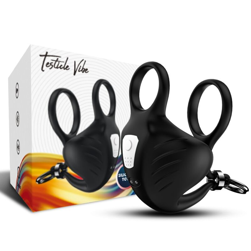 Anel vibrador peniano ARMONY com manta escrotal e controle remoto, exibindo seu design ergonômico e material de silicone preto.