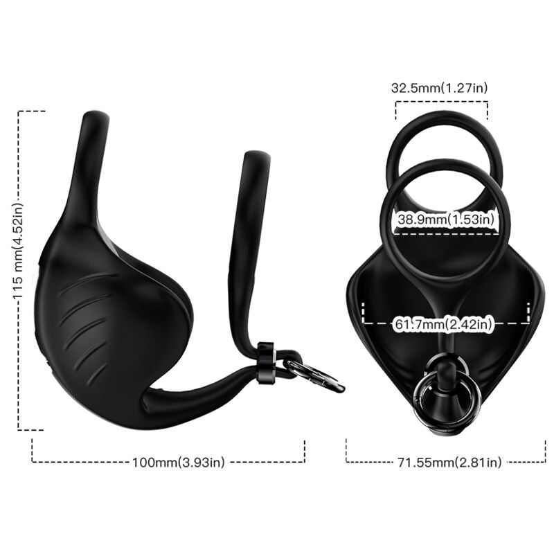 Anel vibrador peniano ARMONY com manta escrotal e controle remoto, exibindo seu design ergonômico e material de silicone preto.
