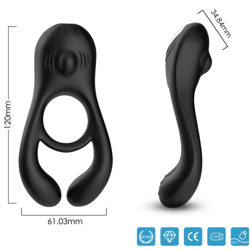 Anel Vibrador Duplo ARMONY Veyron para Casais com Controle Remoto em preto, mostrando design ergonómico e botões de controlo.