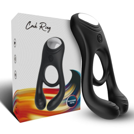 Anel Vibrador Duplo ARMONY Veyron para Casais com Controle Remoto em preto, mostrando design ergonómico e botões de controlo.