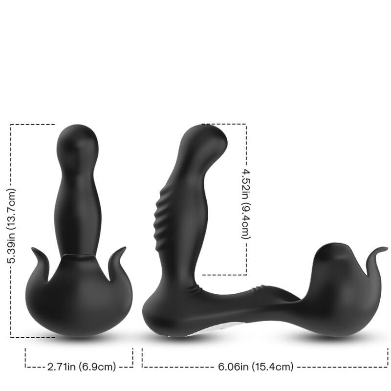 Close-up do vibrador anal e estimulador testicular ARMONY com controle remoto, destacando seu design ergonômico em silicone preto.