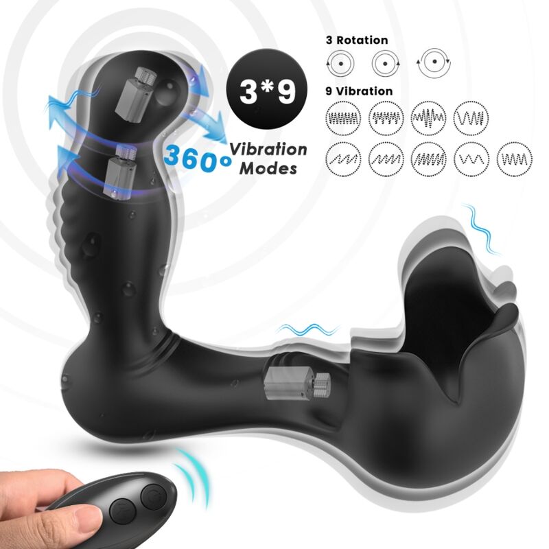 Close-up do vibrador anal e estimulador testicular ARMONY com controle remoto, destacando seu design ergonômico em silicone preto.