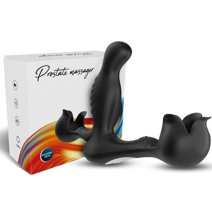 Close-up do vibrador anal e estimulador testicular ARMONY com controle remoto, destacando seu design ergonômico em silicone preto.