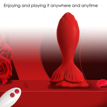 Close-up do Vibrador e Plug Anal ARMONY rosa e vermelho com controle remoto, destacando seu design ergonômico e material de silicone.