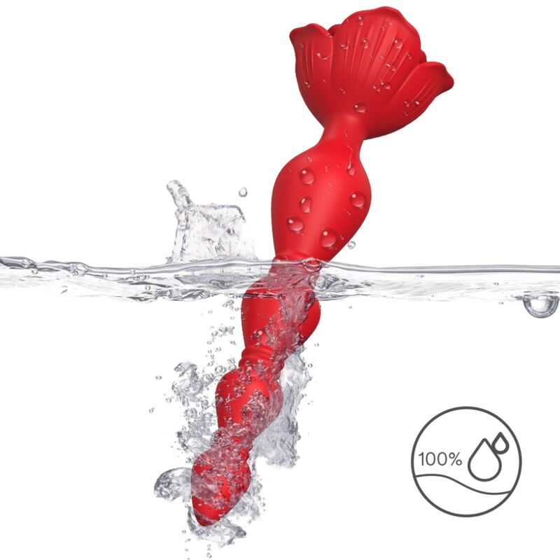 Vibrador com plug anal Armony Pagode Rosa e Vermelho, destacando o design ergonómico e as texturas.