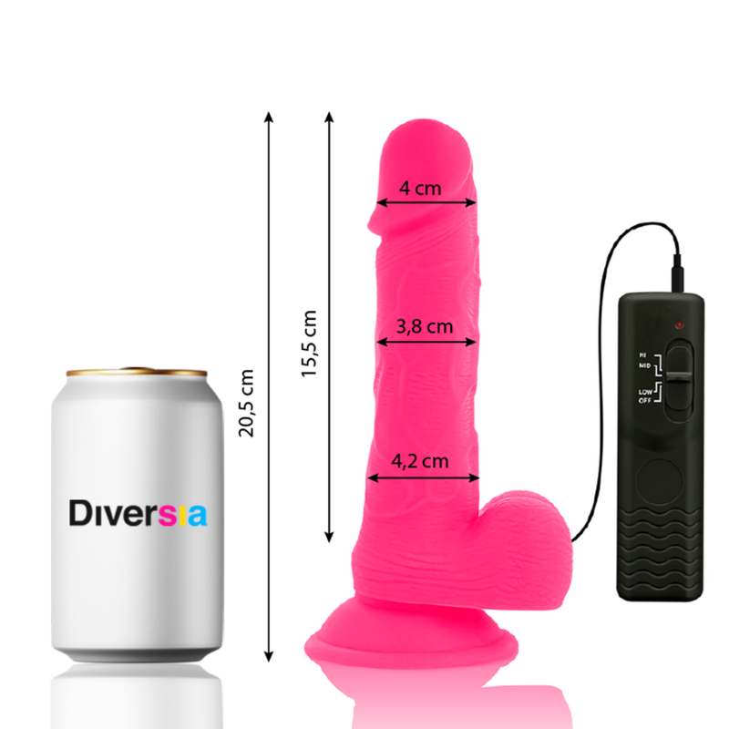 Vibrador flexível Diversia rosa com controlo remoto, mostrando a sua forma ergonómica e base com ventosa.