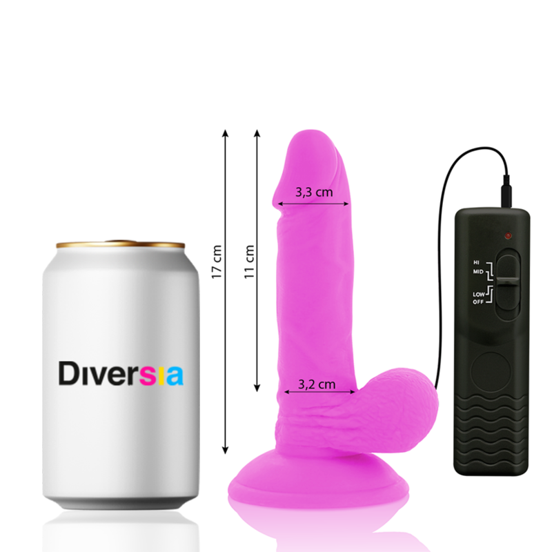 Close-up do Vibrador Flexível DIVERSIA Roxo 17cm com Controle Remoto, destacando sua forma ergonômica e material TPE.