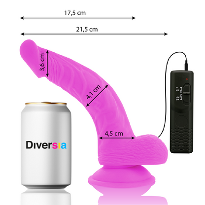 Close-up of the DIVERSIA Vibrador Flexível Com Controlo Remoto Roxo 21.5 CM, showing its flexible shaft, remote, and suction cup.