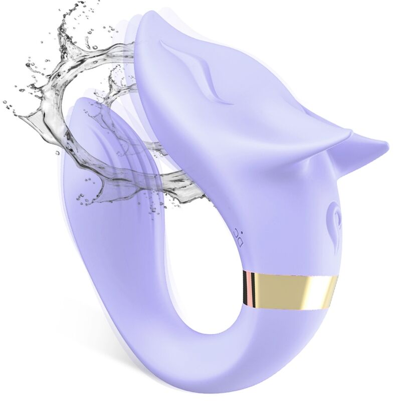 Vibrador para Casais ARMONY Fox Roxo com Controle Remoto, detalhe do design e botões de função.