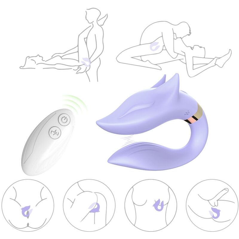 Vibrador para Casais ARMONY Fox Roxo com Controle Remoto, detalhe do design e botões de função.