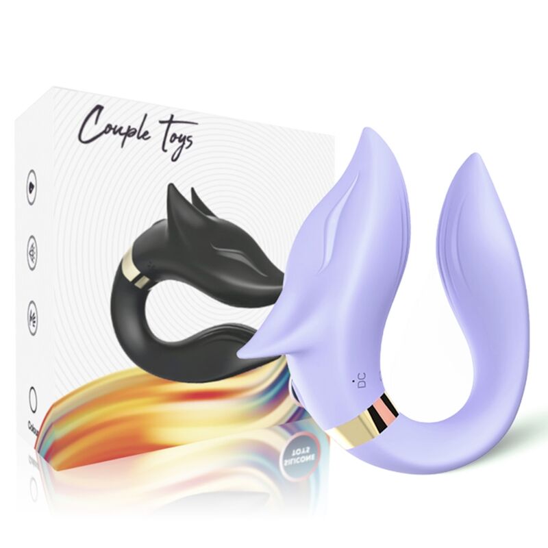 Vibrador para Casais ARMONY Fox Roxo com Controle Remoto, detalhe do design e botões de função.