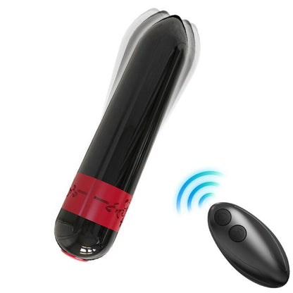 Vibrador bala ARMONY Rocket preto com controle remoto, mostrando seu design compacto e elegante.