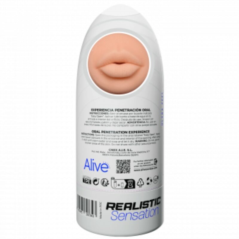 Close-up do Masturbador Masculino Oral Flexível ALIVE Tamanho M, mostrando a textura realista e o design.