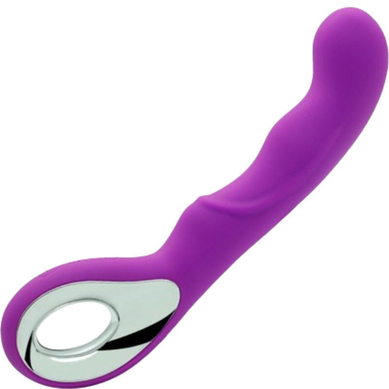 Vibrador Armony Anna recarregável com 10 modos de vibração em violeta, detalhe do design ergonómico.