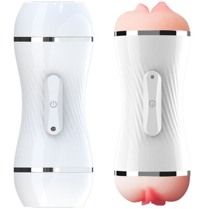 Close-up do Masturbador Vibrador Duplo ARMONY com simulação de vagina e ânus realista, destacando sua textura e design ergonómico.