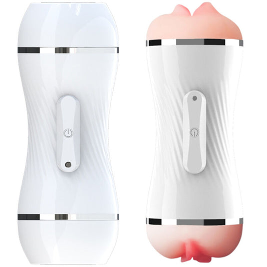 Close-up do Masturbador Vibrador Duplo ARMONY com simulação de vagina e ânus realista, destacando sua textura e design ergonómico.