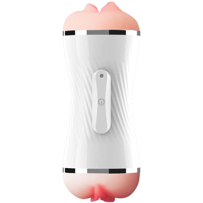 Close-up do Masturbador Vibrador Duplo ARMONY com simulação de vagina e ânus realista, destacando sua textura e design ergonómico.