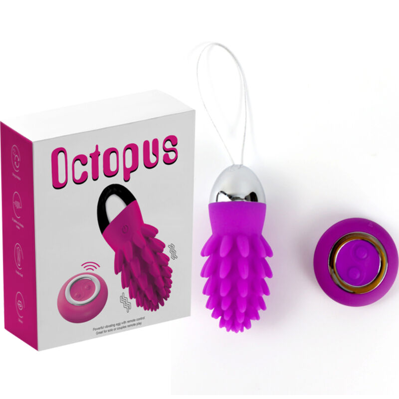 Close-up do Ovo Vibratório Armony Octopus Cactus violeta com controle remoto, destacando sua textura de silicone e design ergonômico.