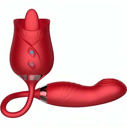 Close-up do Vibrador ARMONY Flor Delight vermelho, mostrando a ponta de língua e design ergonómico.