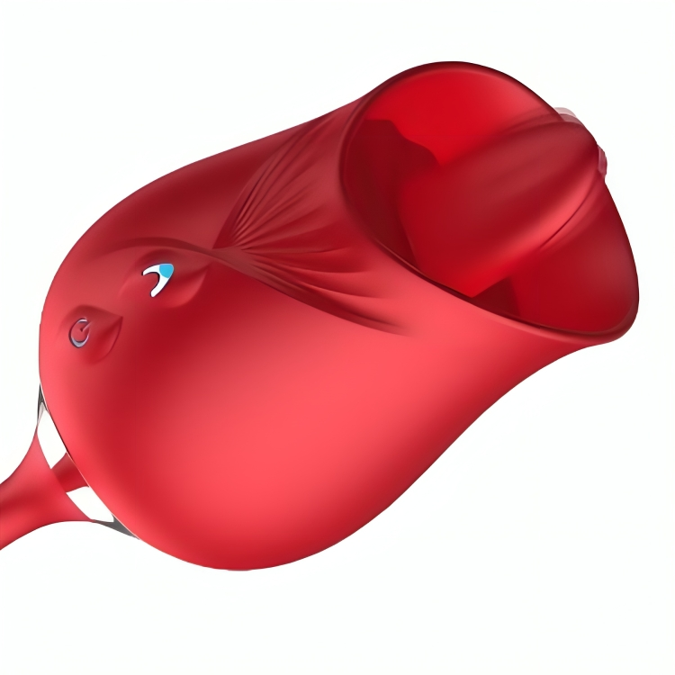 Close-up do Vibrador ARMONY Flor Delight vermelho, mostrando a ponta de língua e design ergonómico.