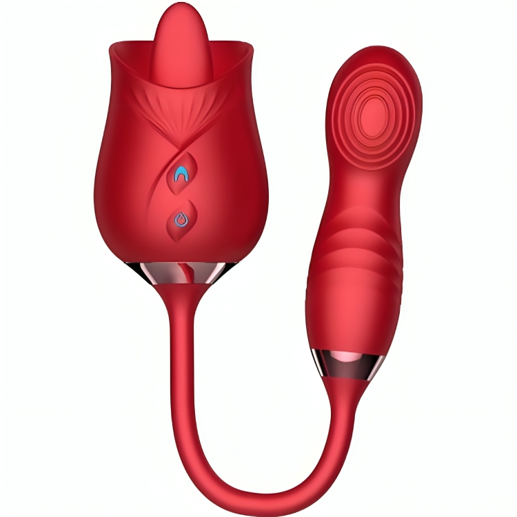 Close-up do Vibrador ARMONY Flor Delight vermelho, mostrando a ponta de língua e design ergonómico.