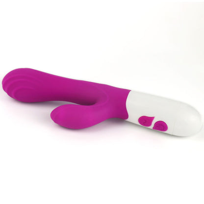Close-up do Armony Vibrador Happy e Estimulador Violeta, destacando seu design ergonômico e textura de silicone macio.