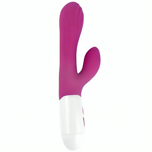 Close-up do Armony Vibrador Happy e Estimulador Violeta, destacando seu design ergonômico e textura de silicone macio.