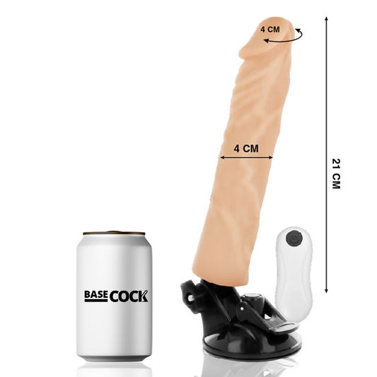 Close-up do Vibrador Realístico BASECOCK com Controle Remoto 21x4cm, mostrando detalhes da textura natural e design ergonómico.