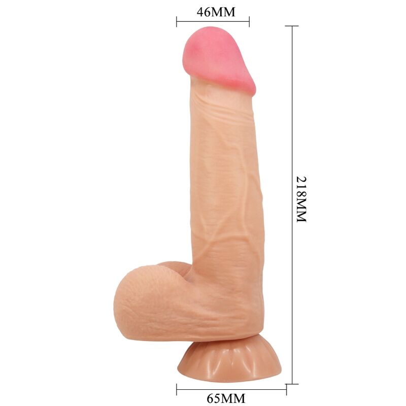 Close-up do vibrador Pretty Love Sliding Skin realístico com ventosa e controlo remoto, na cor carne.