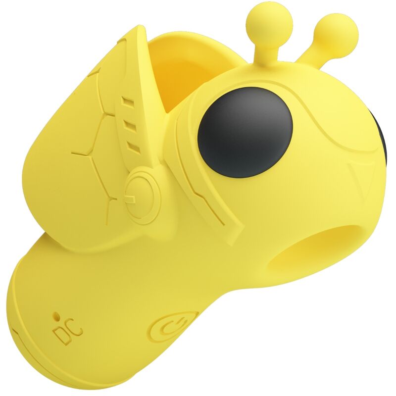 Close-up do vibrador e estimulador de sucção PRETTY LOVE Magic Bee Mini, mostrando o design compacto e a cor amarela.