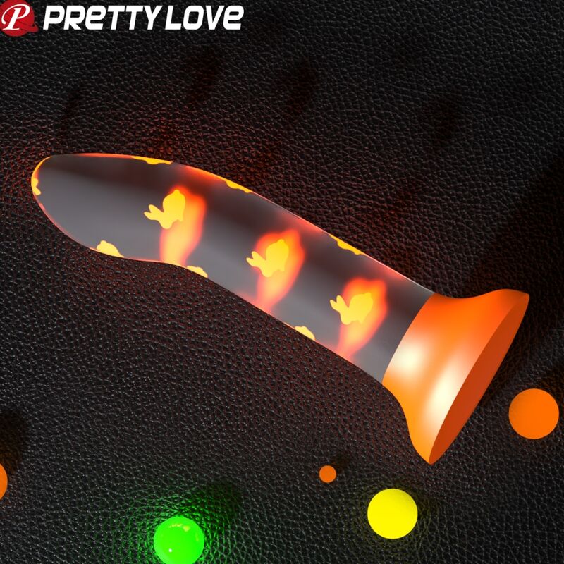 Close-up do Dildo Pretty Love Nightfall Luminoso Laranja, mostrando a textura de silicone e o brilho no escuro.