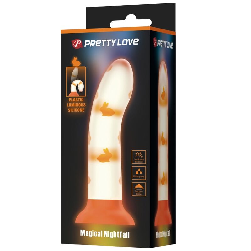 Close-up do Dildo Pretty Love Nightfall Luminoso Laranja, mostrando a textura de silicone e o brilho no escuro.