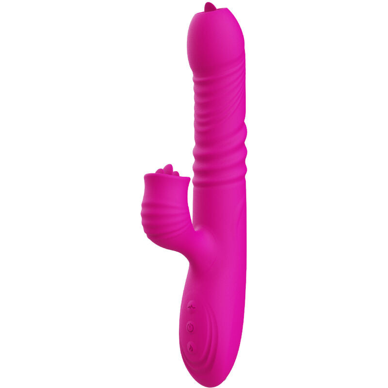 Close-up do Vibrador ARMONY Fanny Multifunção Língua Dupla Fúcsia com efeito calor, mostrando design ergonómico e material de silicone.