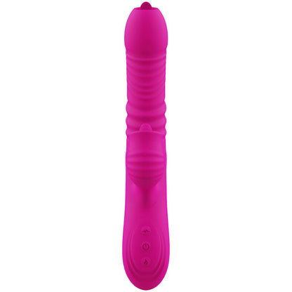 Close-up do Vibrador ARMONY Fanny Multifunção Língua Dupla Fúcsia com efeito calor, mostrando design ergonómico e material de silicone.