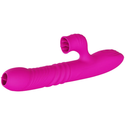 Close-up do Vibrador ARMONY Fanny Multifunção Língua Dupla Fúcsia com efeito calor, mostrando design ergonómico e material de silicone.