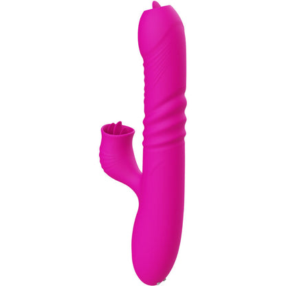 Close-up do Vibrador ARMONY Fanny Multifunção Língua Dupla Fúcsia com efeito calor, mostrando design ergonómico e material de silicone.