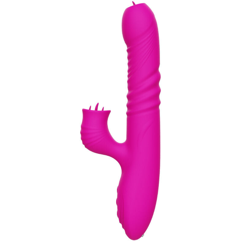 Close-up do Vibrador ARMONY Fanny Multifunção Língua Dupla Fúcsia com efeito calor, mostrando design ergonómico e material de silicone.