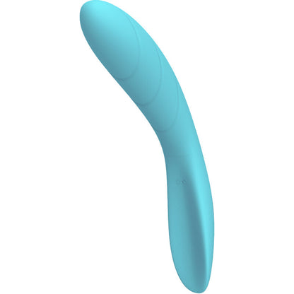 Close-up do Vibrador Flexível Elizabeth da Armony, de cor azul, mostrando o seu design ergonómico e textura suave de silicone.