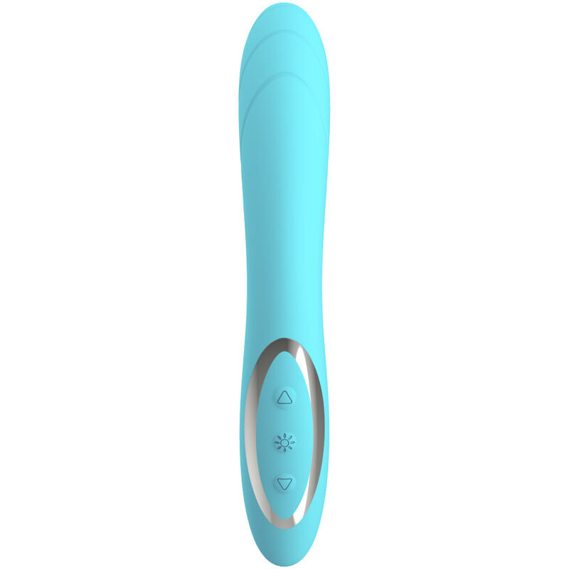 Close-up do Vibrador Flexível Elizabeth da Armony, de cor azul, mostrando o seu design ergonómico e textura suave de silicone.