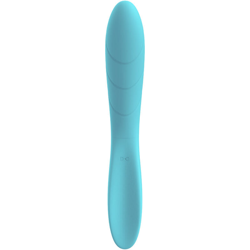 Close-up do Vibrador Flexível Elizabeth da Armony, de cor azul, mostrando o seu design ergonómico e textura suave de silicone.