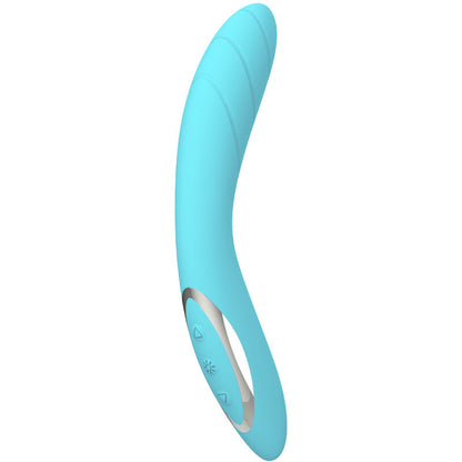 Close-up do Vibrador Flexível Elizabeth da Armony, de cor azul, mostrando o seu design ergonómico e textura suave de silicone.